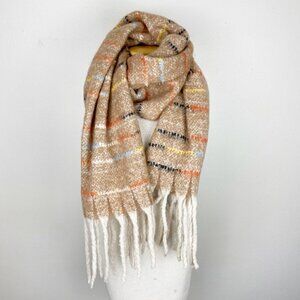 Cozy Super Soft Light Tan Scarf. Fuzzy striped design, fringe detail